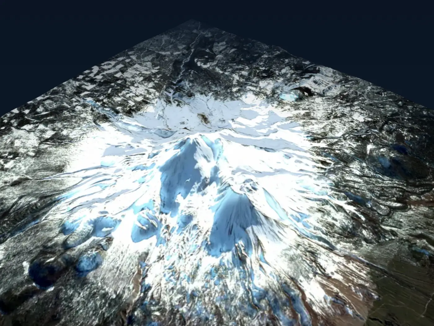 Path-traced Forge3D render of Mount Shasta: a Sentinel-2 composite draped over real surveyed elevation data, lit at low sun.